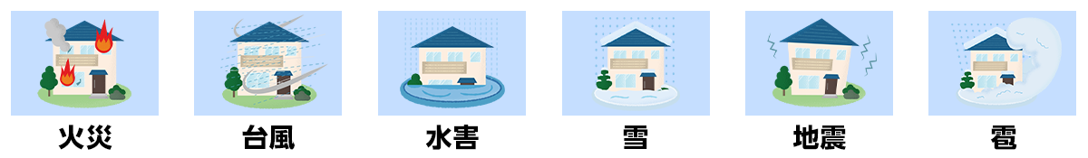 住宅における「火災」「台風」「水害」「雪」のイラスト