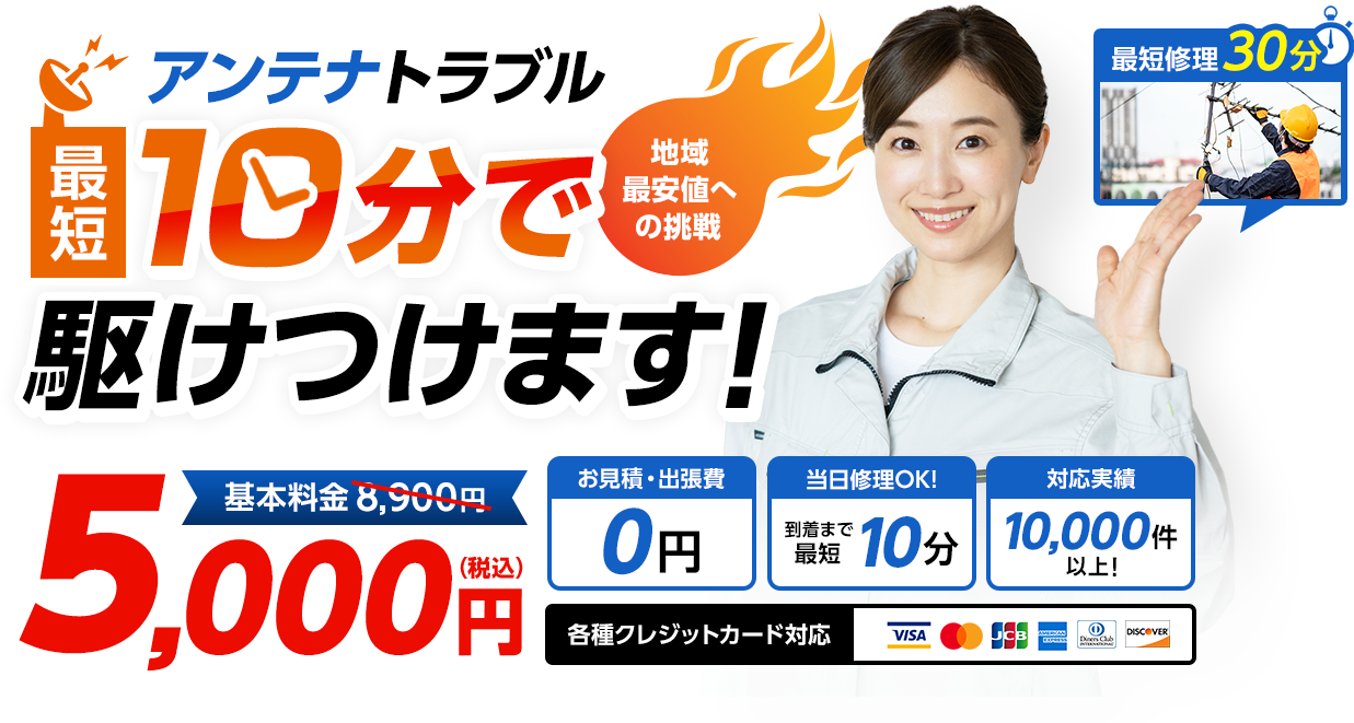 アンテナトラブル最短10分で駆けつけます！地域最安値への挑戦、基本料金8,900円が5,000円に。お見積り出張費0円、当日修理OK、対応実績10,000件以上、各種クレジットカード対応